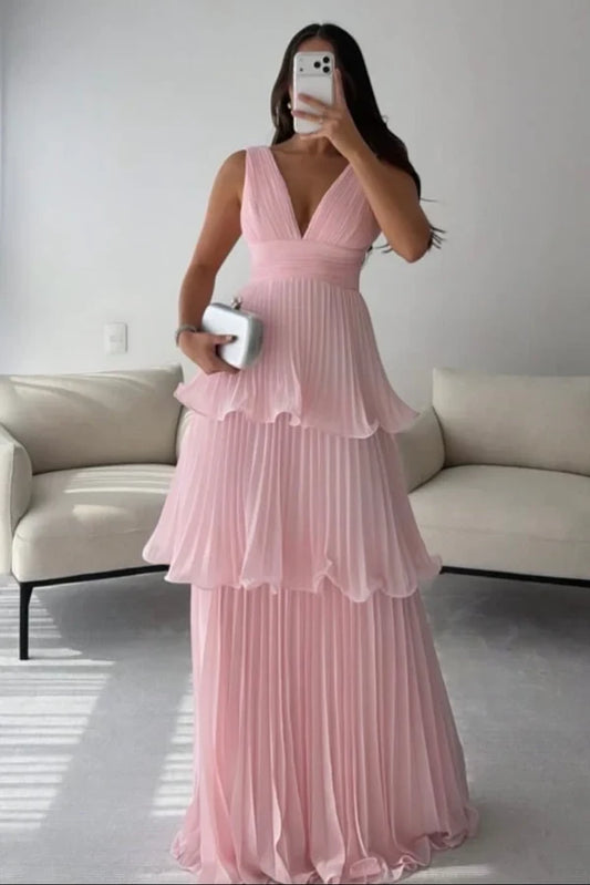 Elegant A-Line V-Neck Sleeveless Pleated Tiered Chiffon Floor-Length Prom Dress