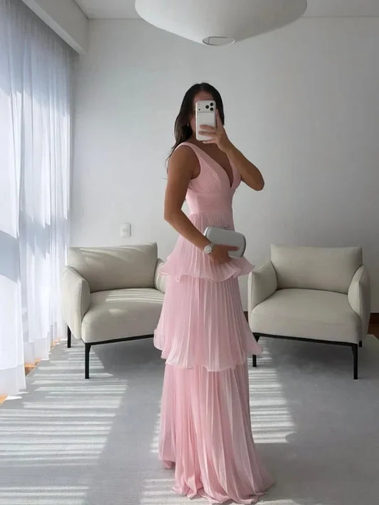 Elegant A-Line V-Neck Sleeveless Pleated Tiered Chiffon Floor-Length Prom Dress