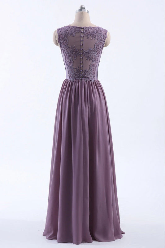 Elegant A-Line V-Neck Sleeveless Ruched Bodice Lace Chiffon Wisteria Floor-Length Prom Dress