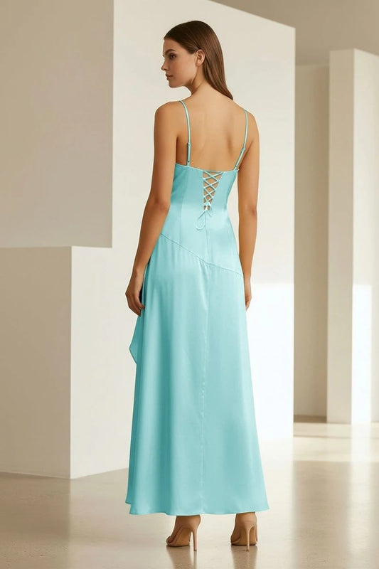 Elegant A-Line V-Neck Sleeveless Ruffled High-Slit Satin Ocean Blue High-Low Prom Dress