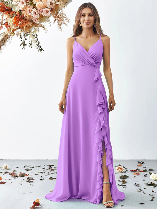Elegant A-Line V-Neck Sleeveless Ruffled Slit Chiffon Lavender Floor-Length Prom Dress