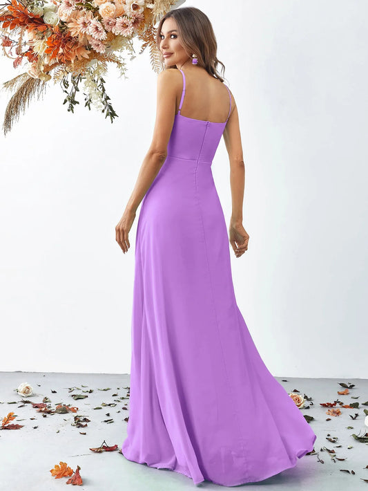 Elegant A-Line V-Neck Sleeveless Ruffled Slit Chiffon Lavender Floor-Length Prom Dress