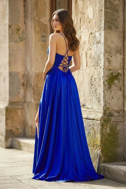 Elegant A-Line V-Neck Sleeveless Sparkly Lace Satin Royal Blue Floor-Length Prom Dress