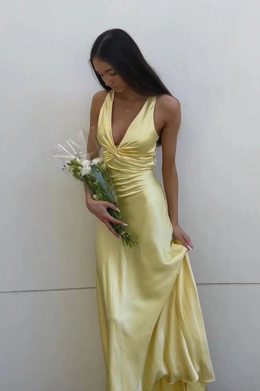 Elegant A-Line V-Neck Sleeveless Twisted Front Satin Lemon Floor-Length Prom Dress