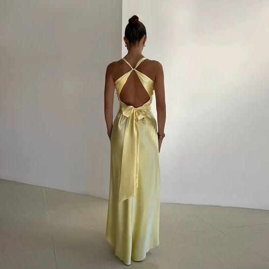 Elegant A-Line V-Neck Sleeveless Twisted Front Satin Lemon Floor-Length Prom Dress