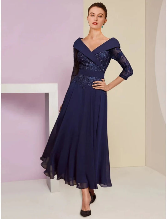 Elegant A-Line V-neck 3/4 sleeves Sequin Lace Navy Blue Chiffon Mother of the Bride Dress