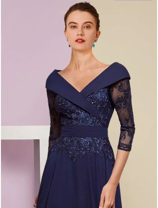 Elegant A-Line V-neck 3/4 sleeves Sequin Lace Navy Blue Chiffon Mother of the Bride Dress