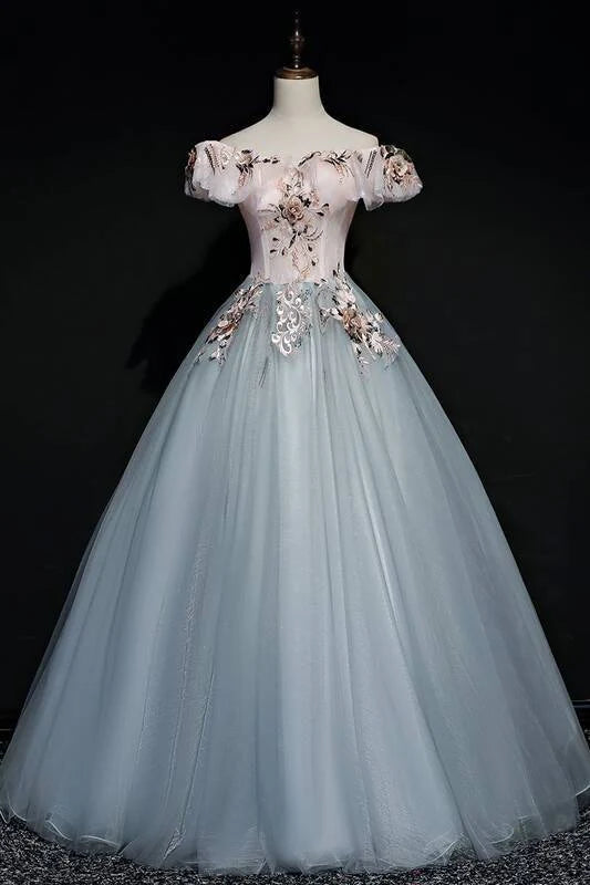 Elegant Ball Gown Off-the-Shoulder Short Sleeve Embroidered Floral Tulle Sky Blue Floor-Length Prom Dress