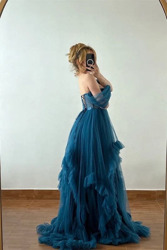 Elegant Ball Gown Sweetheart Short Sleeve Ruffled Layered Tulle Long Prom Dress