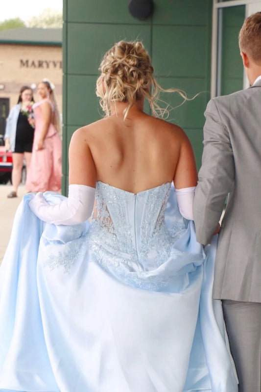 Elegant Ball Gown Sweetheart Sleeveless Embroidered Corset Satin Sky Blue Floor-Length Prom Dress