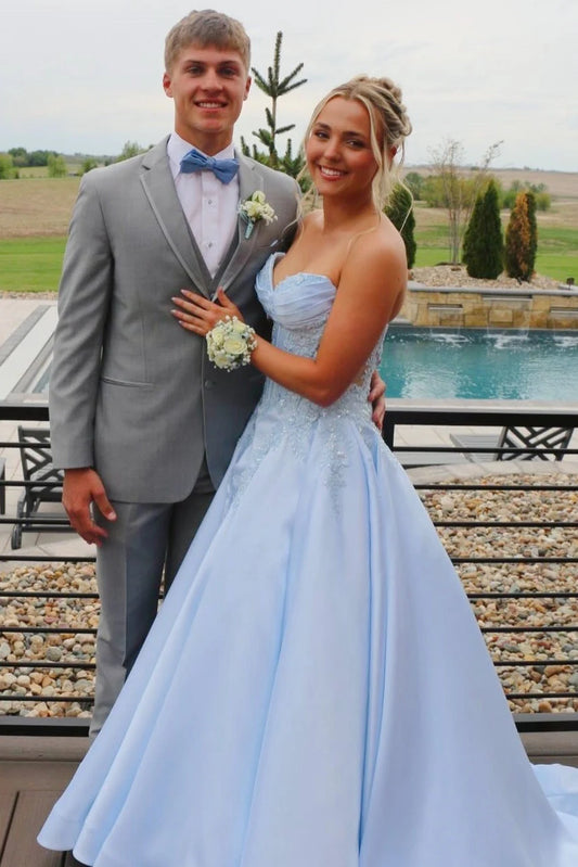 Elegant Ball Gown Sweetheart Sleeveless Embroidered Corset Satin Sky Blue Floor-Length Prom Dress