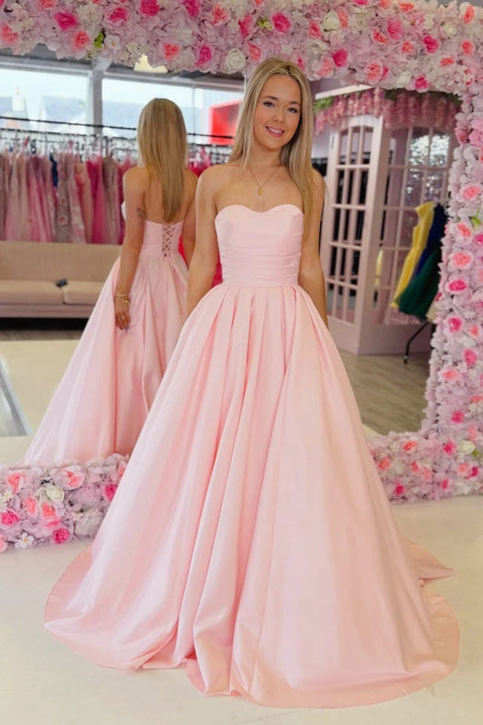 Elegant Ball Gown Sweetheart Sleeveless Pleated Bodice Satin Blushing Pink Floor-Length Prom Dress