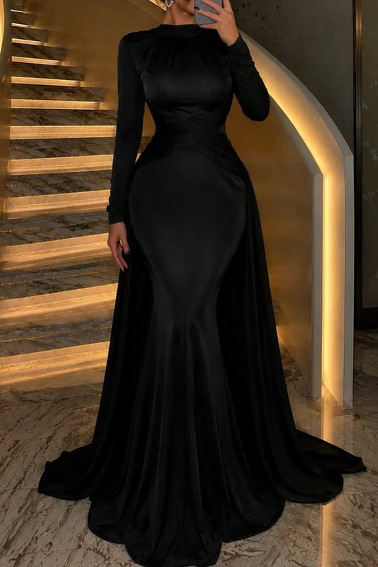 Elegant Black Mermaid High Neck Long Sleeve Lace Back Long Evening Dress