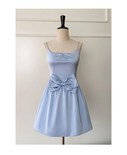 Elegant Blue A-Line Square Neck Sleeveless Bow Detail Short Homecoming Party Dress