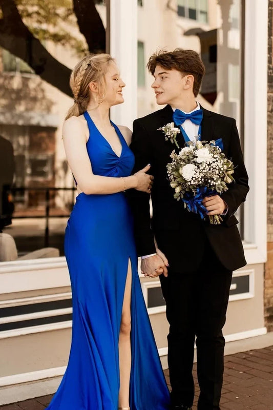 Elegant Halter Sleeveless Ruched Satin Royal Blue Long Prom Dress with High Slit