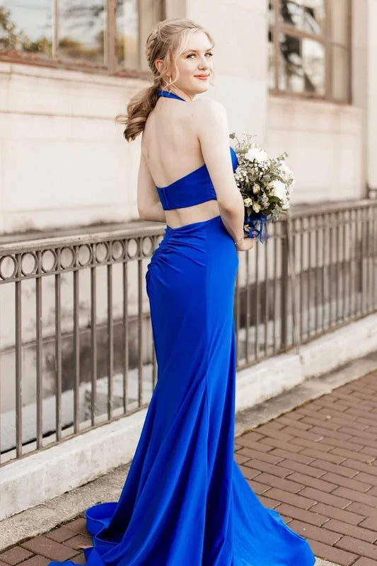 Elegant Halter Sleeveless Ruched Satin Royal Blue Long Prom Dress with High Slit