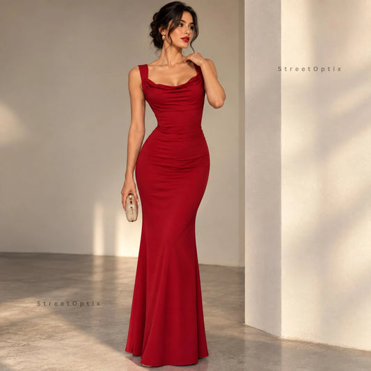 Elegant Mermaid Cowl Neck Sleeveless Open Back Bow Satin Red Floor-Length Prom Dress