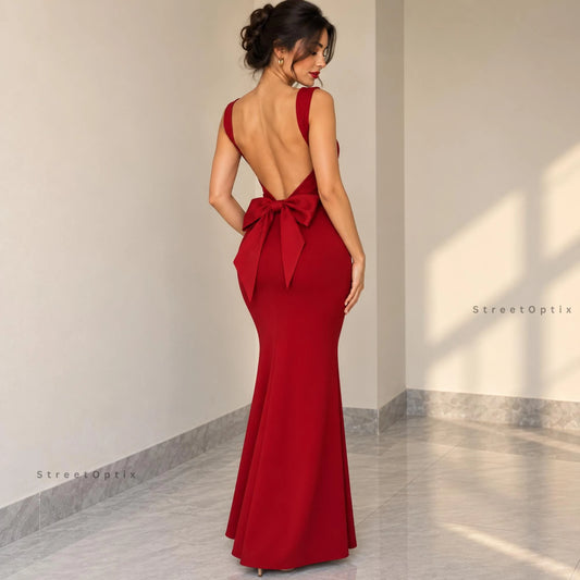 Elegant Mermaid Cowl Neck Sleeveless Open Back Bow Satin Red Floor-Length Prom Dress