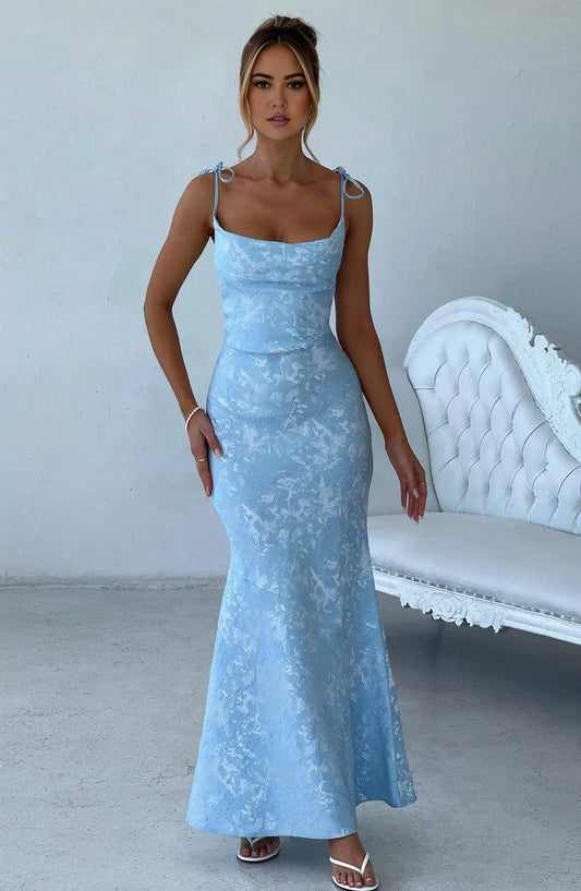 Elegant Mermaid Cowl Sleeveless Floral Jacquard Sky Blue Floor-Length Satin Prom Dress