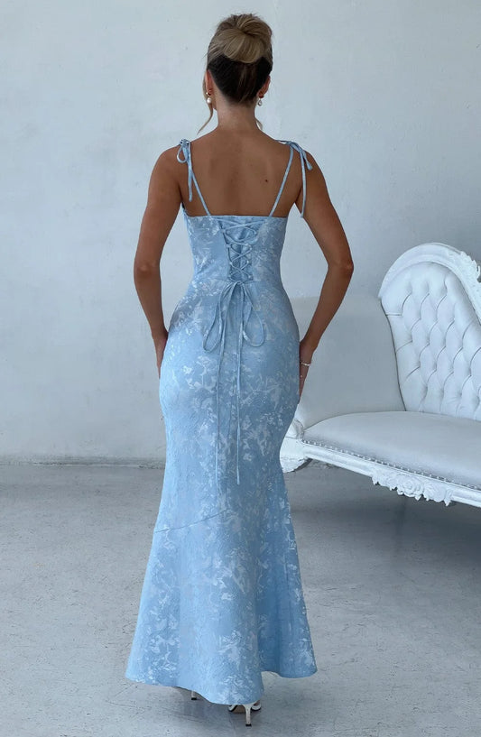 Elegant Mermaid Cowl Sleeveless Floral Jacquard Sky Blue Floor-Length Satin Prom Dress