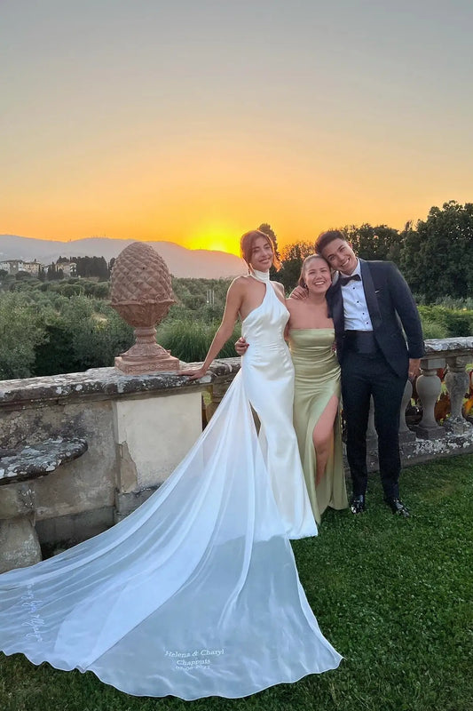 Elegant Mermaid Halter Sleeveless Backless Slit Satin Ivory Floor-Length Evening Gown