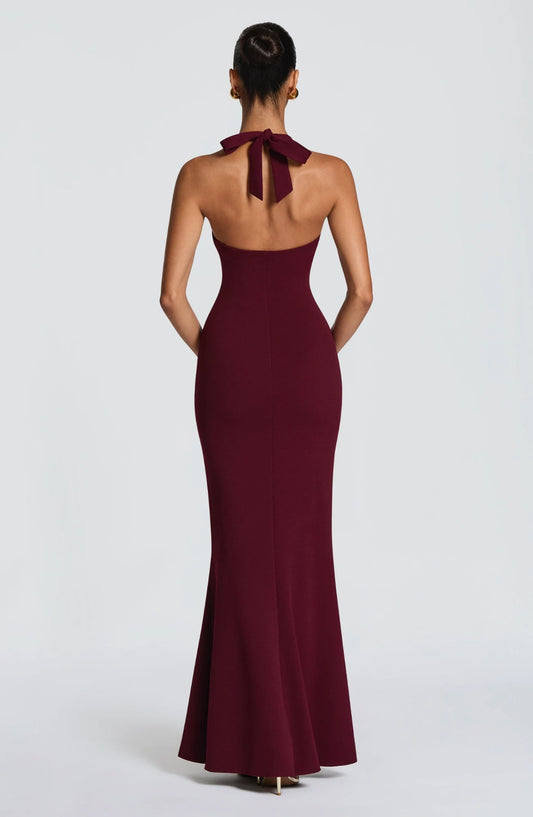 Elegant Mermaid Halter Sleeveless Deep V-Neck Tie-Back Satin Burgundy Floor-Length Prom Dress