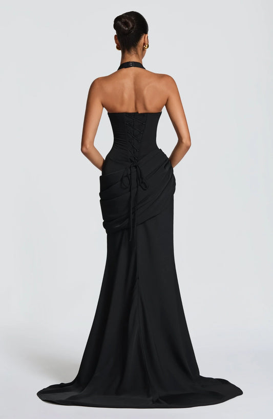 Elegant Mermaid Halter Sleeveless Ruched Draped Satin Black Floor-Length Prom Dress