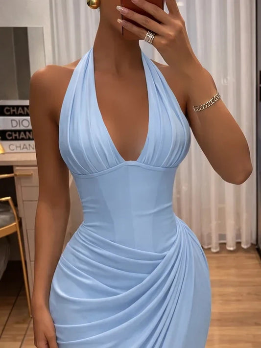 Elegant Mermaid Halter Sleeveless Ruched Draped Sky Blue Floor-Length Prom Dress