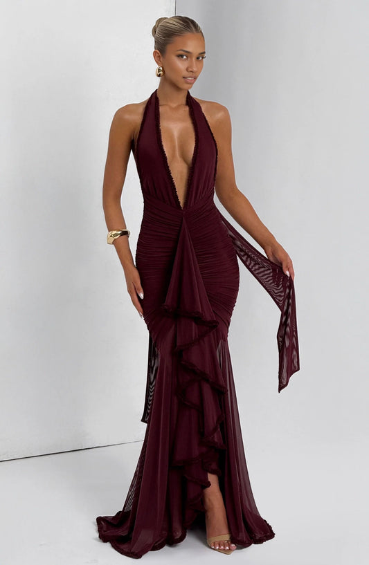 Elegant Mermaid Halter Sleeveless Ruched Tulle Burgundy Floor-Length Prom Dress