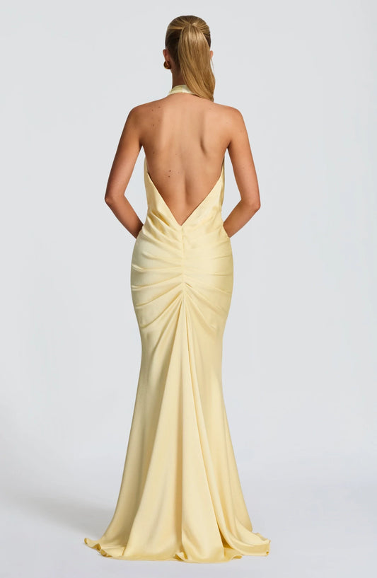 Elegant Mermaid Halter Sleeveless Twisted Knot Backless Satin Daffodil Floor-Length Prom Dress