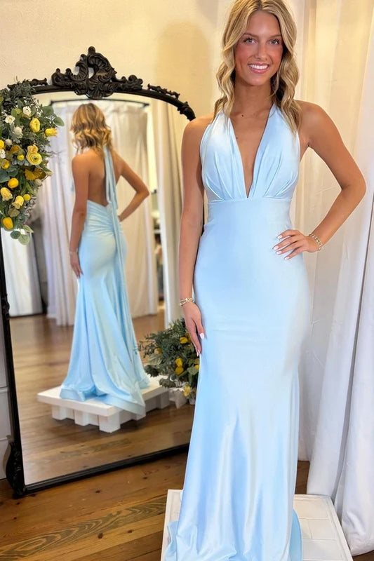 Elegant Mermaid Halter V-Neck Sleeveless Backless Ruched Satin Floor-Length Prom Dress