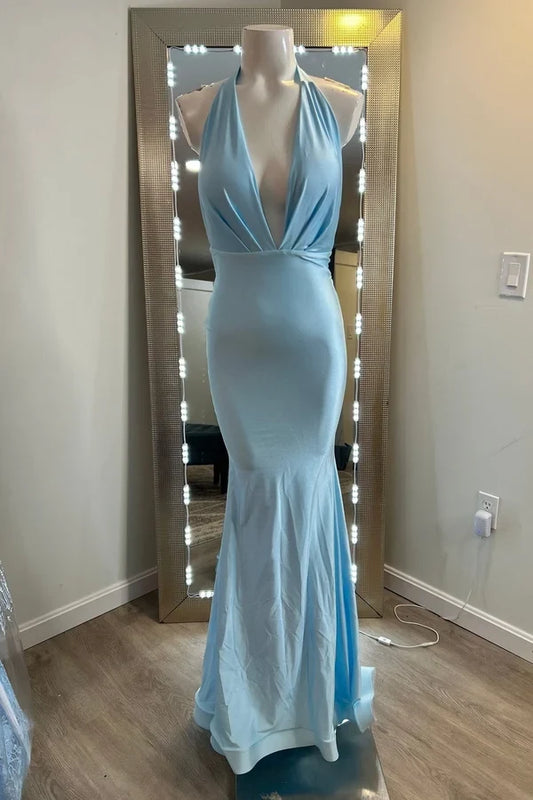 Elegant Mermaid Halter V-Neck Sleeveless Backless Ruched Satin Floor-Length Prom Dress