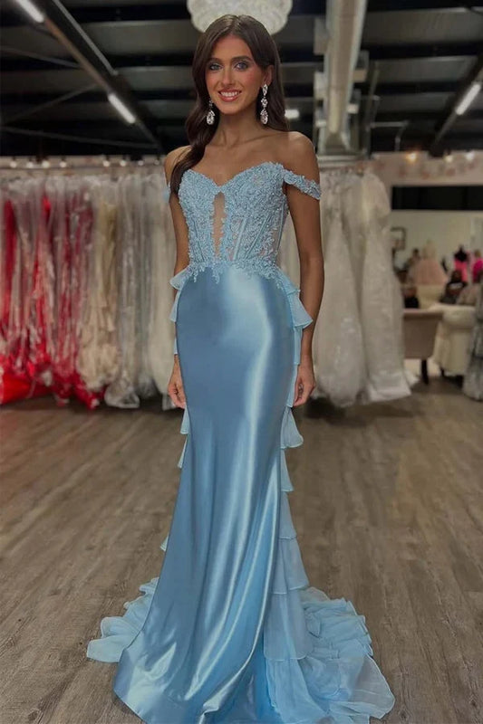 Elegant Mermaid Off-the-Shoulder Sleeveless Ruffled Applique Satin Sky Blue Floor-Length Prom Dress