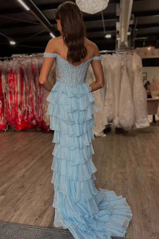 Elegant Mermaid Off-the-Shoulder Sleeveless Ruffled Applique Satin Sky Blue Floor-Length Prom Dress