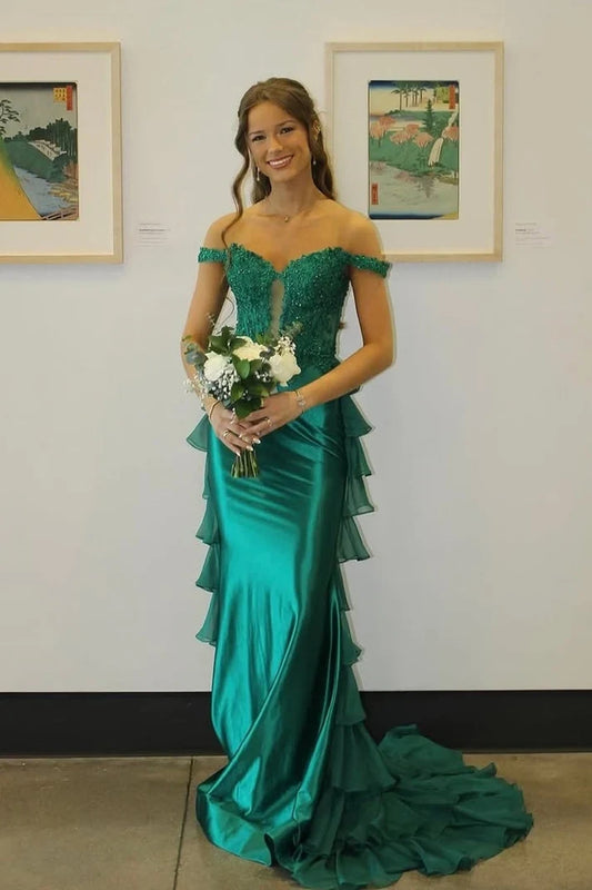 Elegant Mermaid Off-the-Shoulder Sleeveless Ruffled Satin Floor-Length Prom Dress