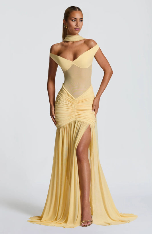 Elegant Mermaid Off-the-Shoulder Sweetheart Sleeveless Ruched Slit Chiffon Daffodil Floor-Length Prom Dress