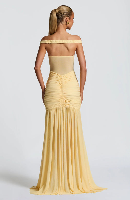 Elegant Mermaid Off-the-Shoulder Sweetheart Sleeveless Ruched Slit Chiffon Daffodil Floor-Length Prom Dress