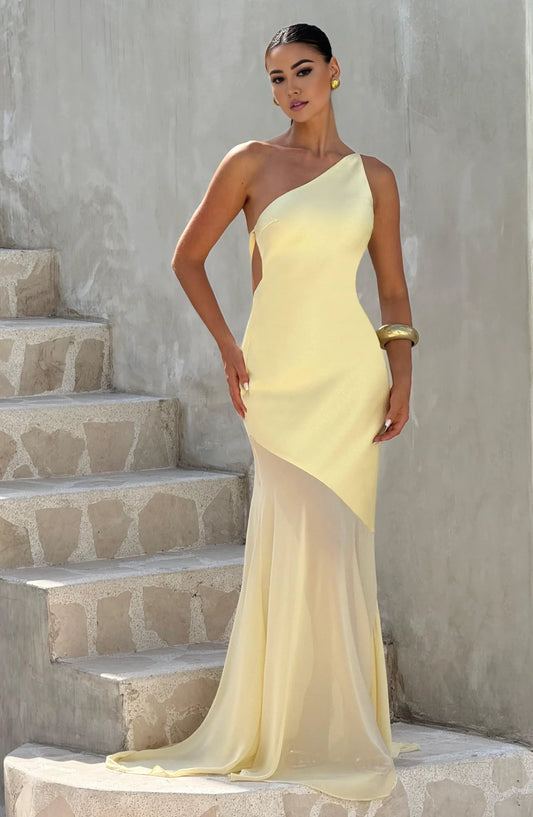 Elegant Mermaid One-Shoulder One Sleeve Asymmetrical Cutout Satin Lemon Floor-Length Prom Dress