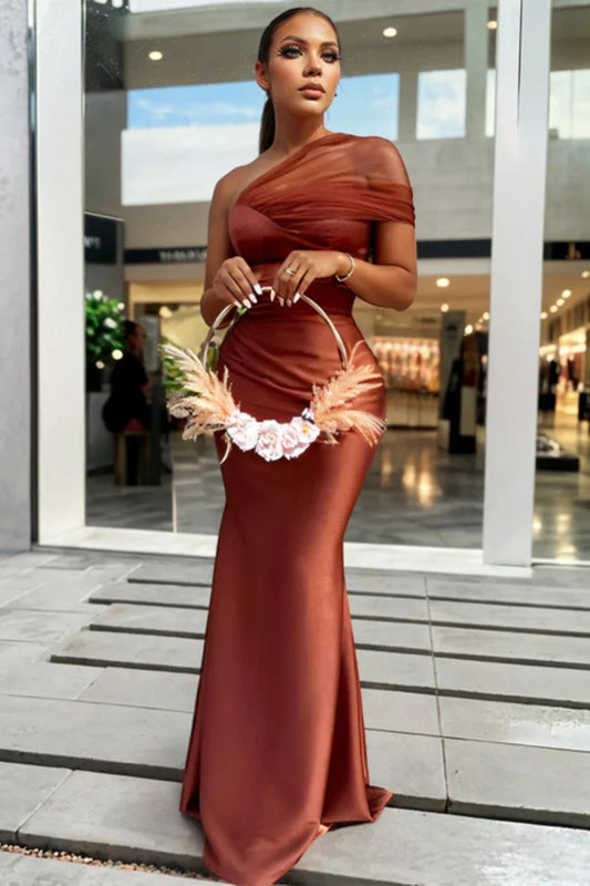 Elegant Mermaid One-Shoulder One Sleeve Draped Ruched Satin Floor-Length Prom Dress