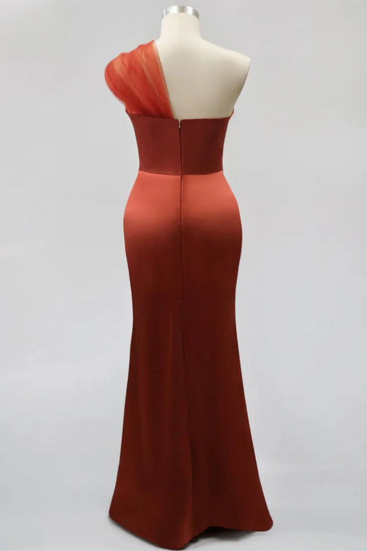 Elegant Mermaid One-Shoulder One Sleeve Draped Ruched Satin Floor-Length Prom Dress