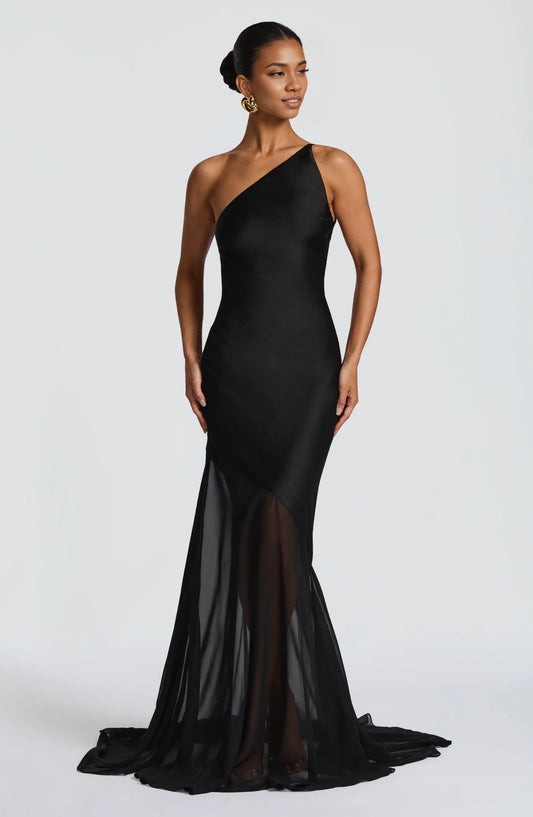 Elegant Mermaid One-Shoulder One Sleeve Open Back Black Floor-Length Evening Dress