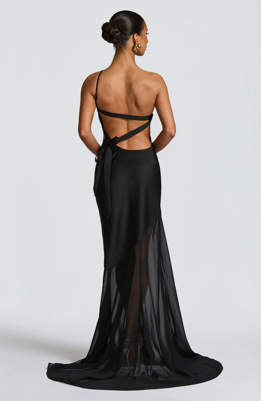 Elegant Mermaid One-Shoulder One Sleeve Open Back Black Floor-Length Evening Dress