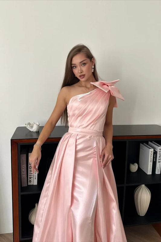 Elegant Mermaid One-Shoulder One Sleeve Ruched Bow Pink Floor-Length Prom Dress