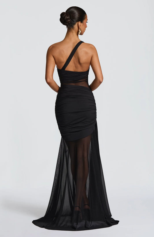 Elegant Mermaid One-Shoulder One Sleeve Ruched Sheer Cutout Tulle Black Floor-Length Evening Dress