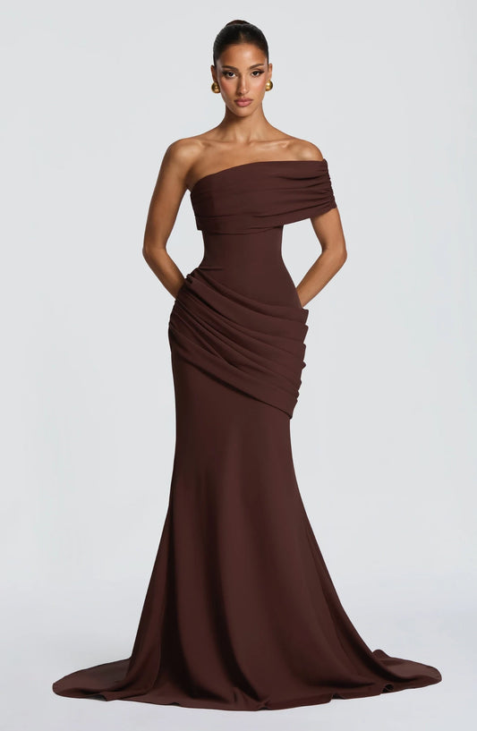 Elegant Mermaid One-Shoulder Sleeveless Draped Ruched Chocolate Floor-Length Evening Dress