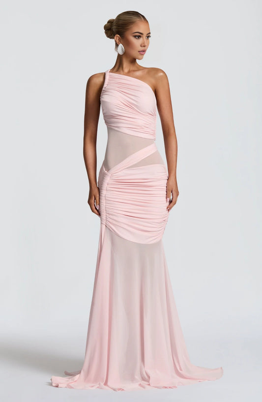 Elegant Mermaid One-Shoulder Sleeveless Ruched Mesh Panel Chiffon Blushing Pink Floor-Length Prom Dress