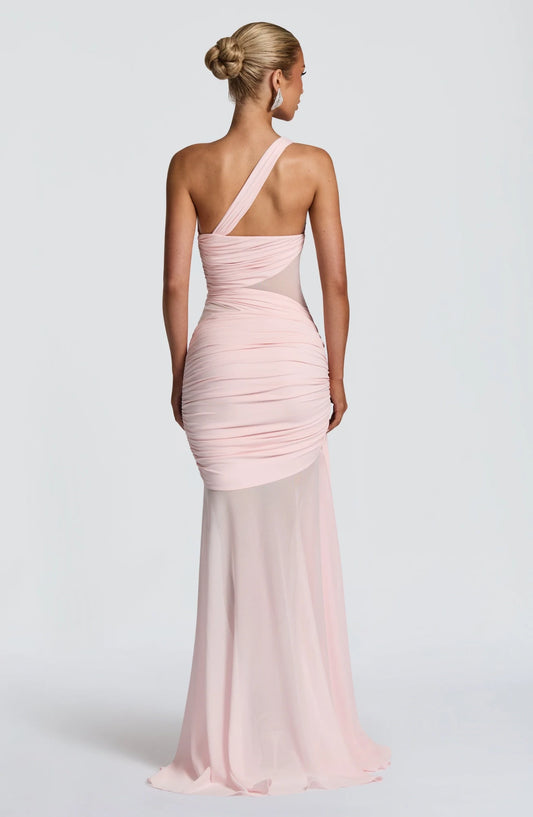 Elegant Mermaid One-Shoulder Sleeveless Ruched Mesh Panel Chiffon Blushing Pink Floor-Length Prom Dress