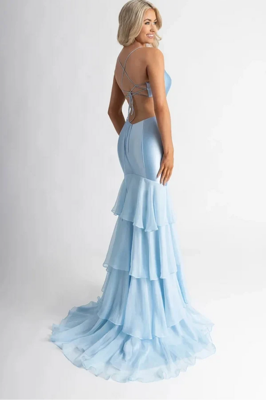 Elegant Mermaid Sleeveless Cutout Tiered Ruffle Satin Chiffon Floor-Length Prom Dress