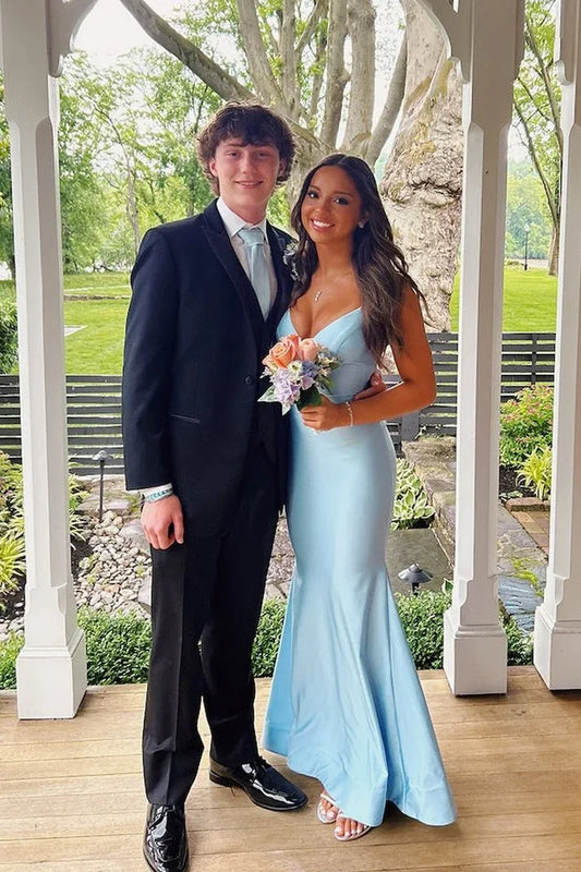 Elegant Mermaid Sleeveless Lace-Up Back Satin Sky Blue Party Dress