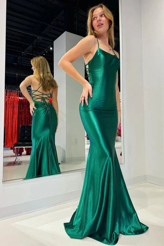 Elegant Mermaid Spaghetti Straps Sleeveless Lace-Up Back Satin Floor-Length Party Dress